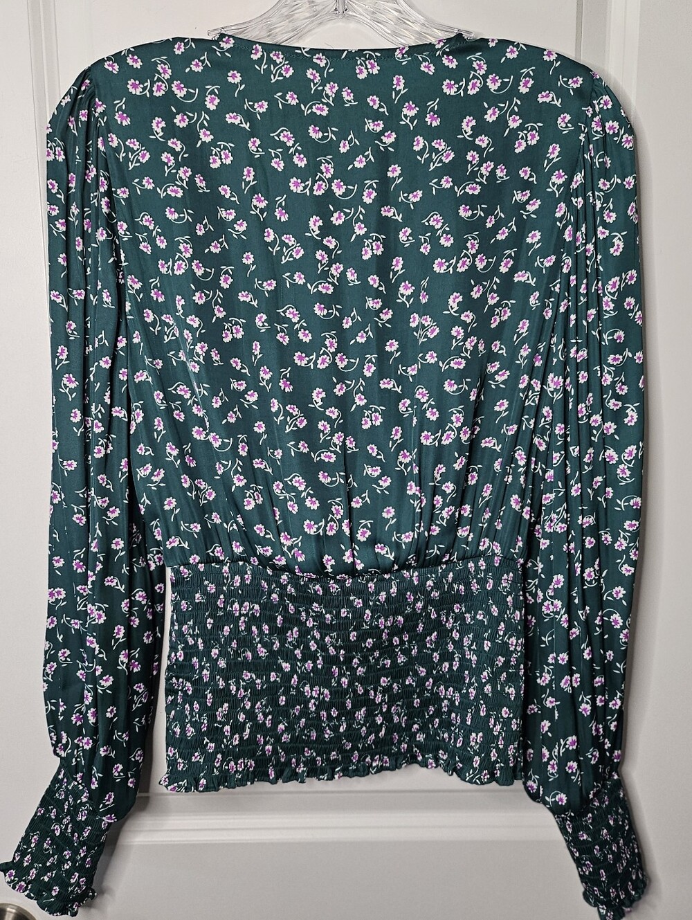 GAP Green Floral Smocked Wrap Blouse Small Cottagecore Boho Puff Sleeve Top - Picture 6 of 16